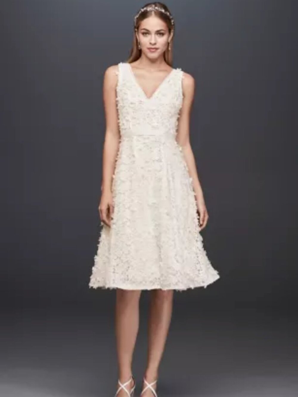 DB Studio V-Neck Floral Lace Tea-Length Wedding Dress with Ribbon Belt (Altered)